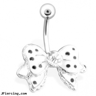 Classy Black & White Bow Belly Ring with Clear Gem, 14 Ga, black penis, piercing jewelry black, black hole body piercing, white gold belly rings, white gold belly ring