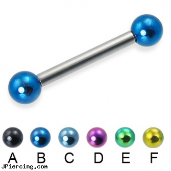 Colored ball straight barbell, 12 ga, colored heavy gauge tongue barbells, flesh colored tongue ring, flesh colored nose ring, cock ring effective placement balls, cock ball ring
