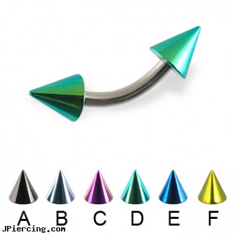 Colored cone curved barbell, 14 ga, ear piercing flesh colored hider jewlrey, flesh colored tongue ring, colored heavy gauge tongue barbells, nipple piercing silicone, helix cone