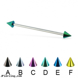 Colored cone long barbell (industrial barbell), 14 ga, flesh colored tongue ring, flesh colored nose ring, colored heavy gauge tongue barbells, cone helix, helix cone