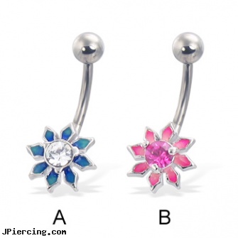 Colored flower navel ring with diamond-shaped petals and gem, ear piercing flesh colored hider jewlrey, flesh colored tongue ring, ear piercing flesh colored hider jewlery, flower fishtail labret, flower shaped labret jewerly
