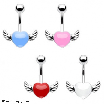 Colored heart belly ring with wings, flesh colored nose ring, flesh colored tongue ring, colored heavy gauge tongue barbells, sacred heart tatoo and body piercings, heart tattoos
