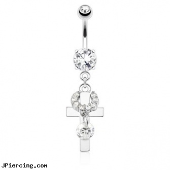 Cross with Gem Circle Dangle And Round Gem Mini Dangle Surgical Steel Navel Ring, cross belly rings, iron cross labret, ear piercing cross dressers, reverse dangle navel rings, shamrock dangle navel body jewelry
