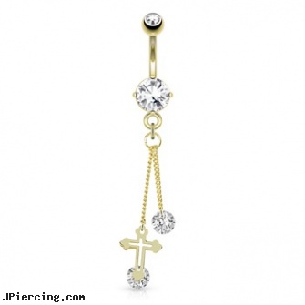 Cross with Large Round CZ Attached By Chain String Dangle Gold Tone Navel Ring, cross tattoos, ear piercing cross dressers, iron cross labret, penis enlargement rings, large penis photos