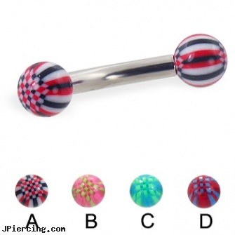 Curved barbell with acrylic checkered balls, 10 ga, curved labret rings, curved tapers stretching, curved slave barbell, belly button barbells, barbell body jewelry