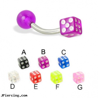 Curved Barbell with Acrylic Dice And Ball, 16 Ga, curved tapers stretching, body jewelry curved nose bones, piercings 6mm curved barbell, large gauge tongue barbell, tongue piercing barbell