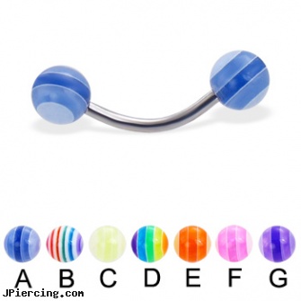 Curved barbell with acrylic layered balls, 16 ga, 14g curved spike eyebrow ring, uv curved barbell, curved earrings screw balls, barbells and body piercings, 29mm titanium barbell
