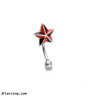 Curved barbell with black and red star top, 16 ga, curved barbell jewelry, curved spike labret jewlery, curved tapers stretching, belly button barbells, tongue barbells penis