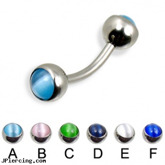 Curved barbell with cat eye balls, 14 ga, body jewelry curved nose bones, curved earrings screw balls, 14g curved spike eyebrow ring, petite belly barbells, no see-um tongue barbell