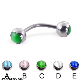 Curved barbell with cat eye balls, 16 ga, curved penis, curved earrings screw balls, curved labret rings, tongue barbells, navel barbells