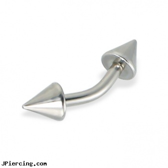 Curved barbell with cones, 12 ga, curved penis, curved slave barbell, curved earrings screw balls, tips for putting in tongue barbell, colored heavy gauge tongue barbells