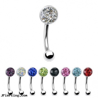 Curved barbell with crystal paved gem top, 16 ga, curved spike labret jewlery, curved labret rings, 14 gauge curved barbell, cheap barbells and tongue rings vibrating, 29mm titanium barbell