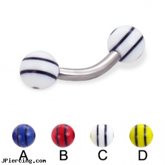 Curved barbell with double striped balls, 12 ga, labret curved spike, curved tapers stretching, curved penis, tongue barbells, twisted barbell