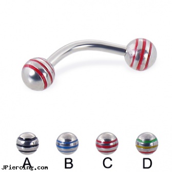 Curved barbell with epoxy striped balls, 14 ga, curved tapers stretching, curved barbell, curved slave barbell, elvis navel barbell, large gauge tongue barbell