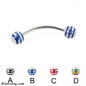 Curved barbell with epoxy striped balls, 18 ga, labret curved spike, body jewelry curved nose bones, curved barbell, navel piercing barbell titanium, star eyebrow barbell