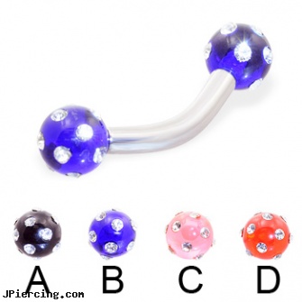 Curved barbell with multi-gem acrylic colored balls, 10 ga, curved barbell, curved spike labret jewlery, curved barbell jewelry, star eyebrow barbell, elvis navel barbell