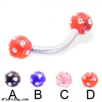 Curved barbell with multi-gem acrylic colored balls, 12 ga, curved earrings screw balls, curved slave barbell, curved barbell, flexible tongue rings barbells, cheap barbells and tongue rings vibrating