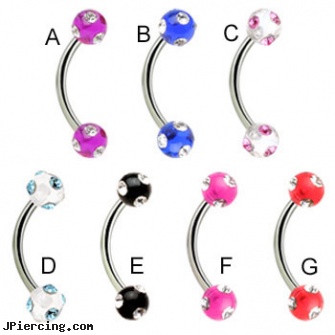 Curved barbell with multi-jeweled acrylic balls, 16 ga, curved penis, curved tapers stretching, body jewelry curved nose bones, clitoris barbells jewelry, gold plated straight barbell eyebrow jewelry