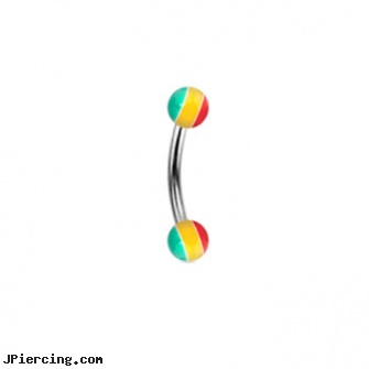 Curved barbell with rasta colored balls, 14 ga, curved earrings screw balls, curved spike labret jewlery, labret curved spike, inch tongue barbells, belly button rings and barbells