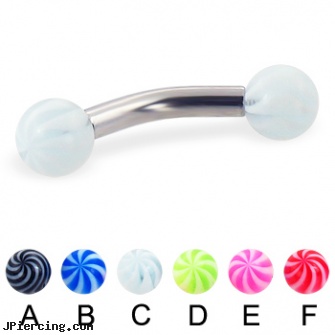 Curved barbell with tornado balls, 10 ga, curved penis, curved labret rings, 14g curved spike eyebrow ring, barbells and body piercings, circular barbell body jewelery