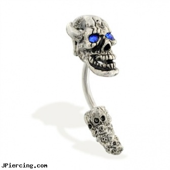 Curved jeweled skull head and tail belly ring, labret curved spike, curved labret rings, uv curved barbell, jeweled labrets, jeweled navel slave rings