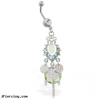 Dangling chandelier belly ring with green stones and chains, dangling eyebrow jewery, dangling belly button rings, dangling heart belly button ring, cartoon belly rings, blinking koosh ball belly ring