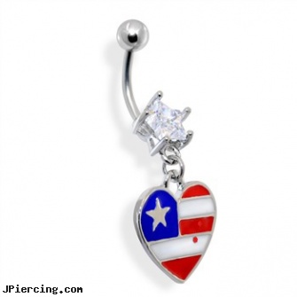 Dangling Epoxy Heart Shaped American Flag Belly Ring, dangling nipple jewelry, dangling navel ring, dangling heart belly button ring, steel my heart jewlry, sacred heart tatoo and body piercings