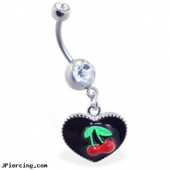 Dangling heart belly ring with cherries, dangling body jewelry, dangling nipple jewelry, dangling belly button rings, heart tattoos, steel my heart jewlry