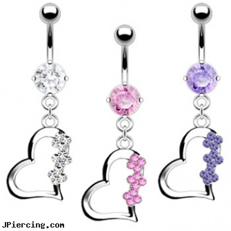 Dangling heart with jewels navel ring (titanium shaft), dangling nipple jewelry, dangling belly button rings, dangling heart belly button ring, pink heart belly ring, sacred heart tatoo and body piercings