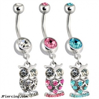 Dangling Steel Owl Navel Ring with Paved CZs, dangling belly rings, dangling navel jewelry, dangling belly button rings, steel jewelry, surgical steel body piercing jewelry