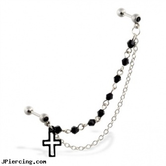 Double black jeweled straight barbells with dangling cross and connecting chains, 16 ga, double cock ring, double belly ring, double steel cock rings, black labret, black market body jewelry
