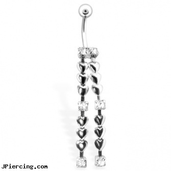 Double Heart & Gem Dangling Belly Ring, double captive ring body jewelry, double slave tongue ring, double steel cock rings, pink heart belly ring, dangling heart belly button ring