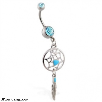 Double jeweled aqua belly ring with dangling dream catcher and feather, double gem belly button rings, double lobe peircing, double slave tongue ring, jeweled navel slave rings, 18g jeweled labrets