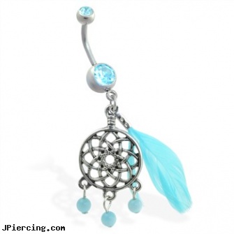 Double jeweled aqua belly ring with dangling dream catcher and feather, double slave tongue ring, double cock ring, double belly ring, jeweled labrets, gold jeweled labret ring