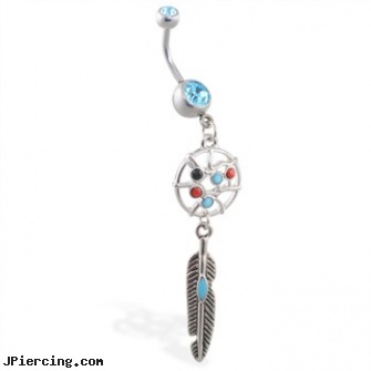 Double jeweled aqua belly ring with dangling dream catcher and feather, ear piercing double multiple, double tongue piercings, double lobe peircing, gold jeweled labret ring, 18g jeweled labrets