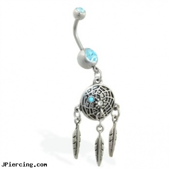 Double jeweled aqua belly ring with dangling dream catcher and feathers, double tongue piercing pictures, double nipple piercings, double tongue piercings, 18g jeweled labrets, jeweled labrets