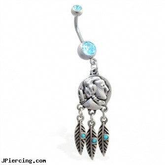 Double jeweled aqua belly ring with dangling indian face coin and feathers, double naval piercings, double nipple piercings, double braided nipple ring, jeweled labrets, jeweled navel slave rings