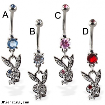 Double jeweled belly button ring with dangling jeweled playboy bunny, double braided nipple ring, double tongue piercings, ear piercing double multiple, 18g jeweled labrets, jeweled labrets