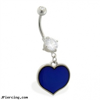 Double jeweled belly ring with dangling color changing heart, double belly ring, double tongue piercing pictures, double slave tongue ring, jeweled labrets, jeweled belly rings