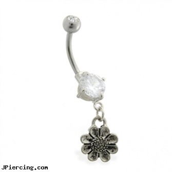 Double jeweled belly ring with dangling flower, double industrial ear piercings, double vertical nipple piercing, double tongue piercing pictures, jeweled labrets, jeweled belly rings