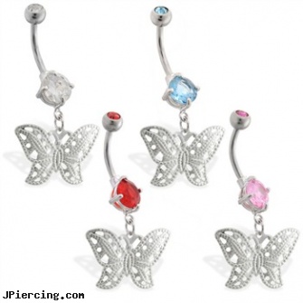 Double jewelry belly ring with dangling butterfly, double steel cock rings, double tongue piercings, double slave tongue ring, jewelry display case for navel rings, nose jewelry