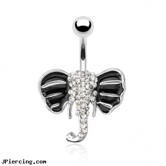 Elephant with Paved Gems And Black Enamel Plated Ears Surgical Steel Navel Ring, elephant belly button rings, elephant body jewellery, gems, square gemstone belly button ring, gems studs