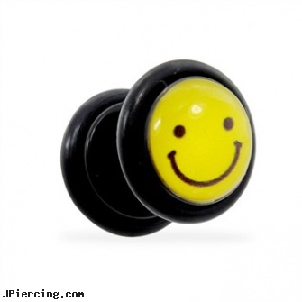 Fake Plug with Smiley Logo, 16 Ga, fake nipple rings, fake navel rings, fake clit rings, 12 gauge plug, body jewelry plugs