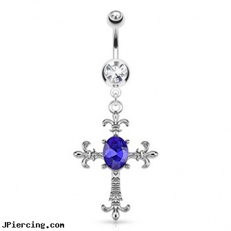 Fleur De Lis Cross with Centered Oval Blue Gem Dangle Surgical Steel Navel Ring, cross industrial ear piercings, ear piercing cross dressers, cross belly button rings, nose ring removal, nipple piercing removal