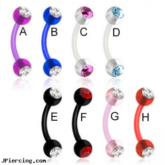 Flexible bioplast curved barbell with jeweled acrylic balls, 16 ga, flexible body jewelry, flexible tongue rings, flexible tongue rings barbells, piercings 6mm curved barbell, curved penis