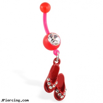Flexible navel ring with dangling red flipflops, flexible tongue rings, flexible body jewelry, flexible belly rings, navel piercing and banana bells, navel retainer