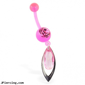 Flexible pink belly ring with dangling stone, flexible belly rings, flexible tongue rings barbells, flexible body jewelry, pink belly rings, pink nipple rings