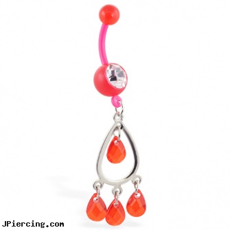 Flexible red belly ring with dangling chandelier, flexible belly rings, flexible tongue rings barbells, flexible tongue rings, belly botton, team belly rings