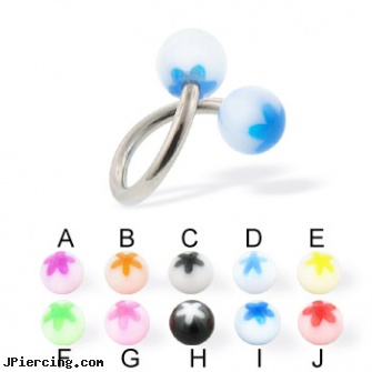 Flower ball spiral barbell, 14 ga, flower nipple shields, flower belly ring, flower fishtail labret, small balled labret, ball rings