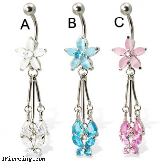Flower belly button ring with dangling butterfly and teardrops, flower shaped labret jewerly, flower fishtail labret, flower pics, belly-button piercing, belly button rings cheap